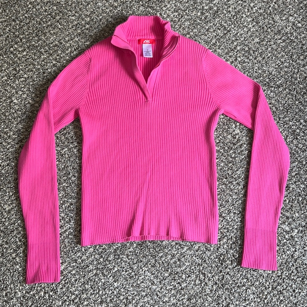Anne Klein Sport Ribbed 1/4 Zip Mock Neck Sweater - Pink - Medium